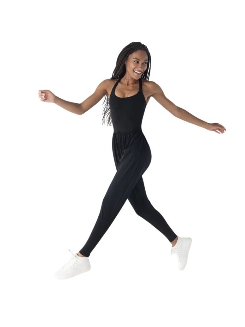 IMBODHI Bodhi Jumper Womens Sz XL Black Cross Back Harem Athleisure Yoga Romper